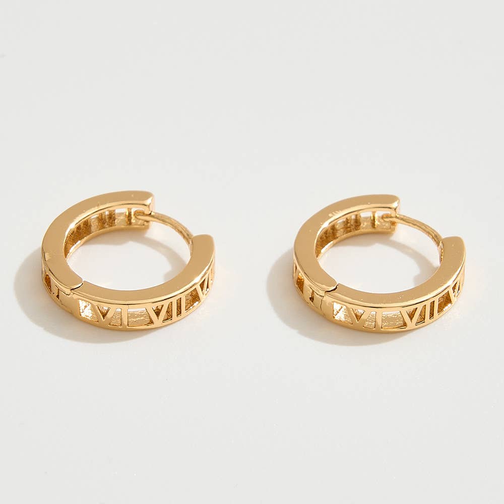 Sensibling Corp. - Wholesale Huggie Earrings - 14K Gold Dipped Roman Numeral Huggie Hoop Earrings0