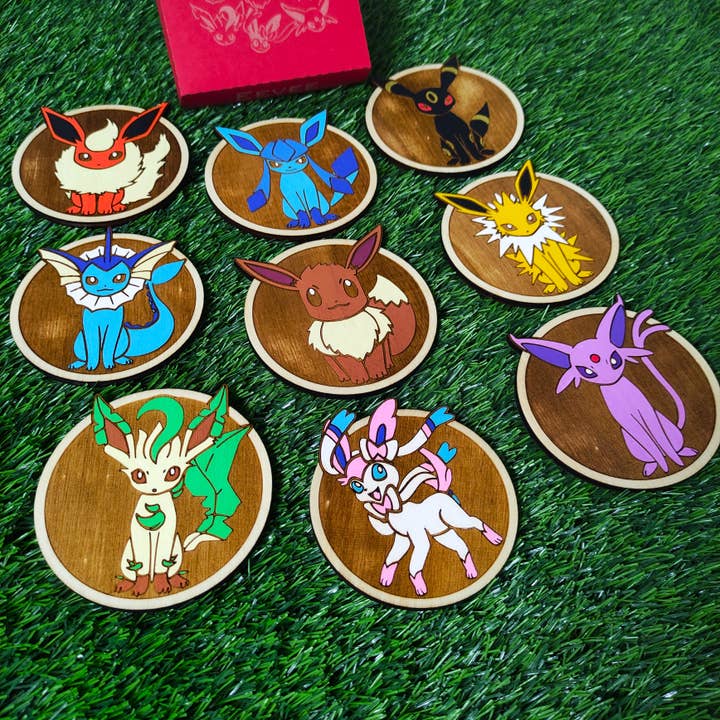 Set of 9 Colorful Pokémon Wooden Coasters, Eevee Evolutions for wholesale by Herbs&Belles