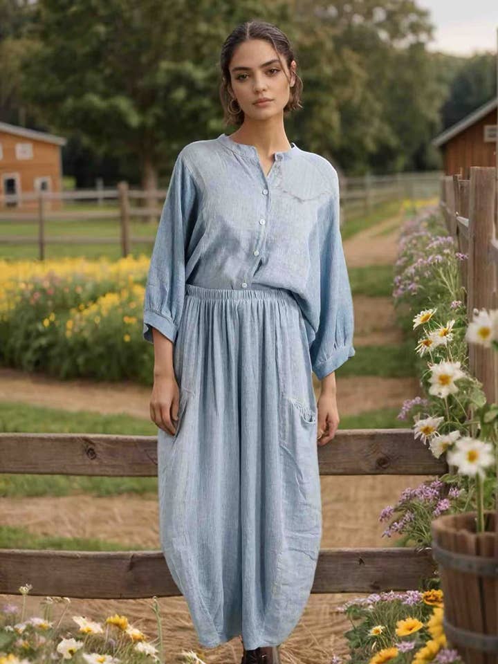 Lösa linnetygade byxor med tryck LEL-PT9530L för wholesale av ORNELLA PARIS