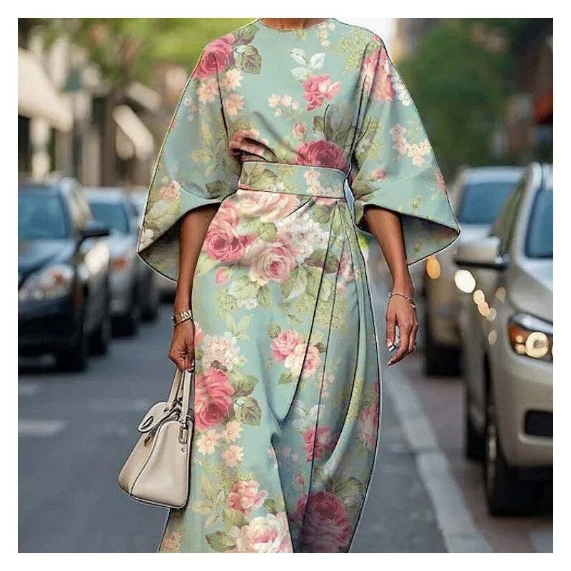 Sheer Trend – wholesale Klänning - Dam – Midiklänning med rund hals och tryckt midja0