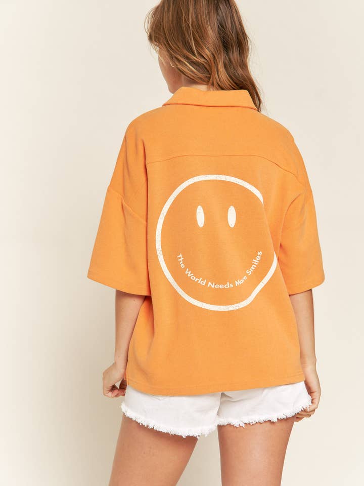 Button Down V-Neck Shirt Style Knit Top w/ Smile Print for wholesale by JADE BY JANE