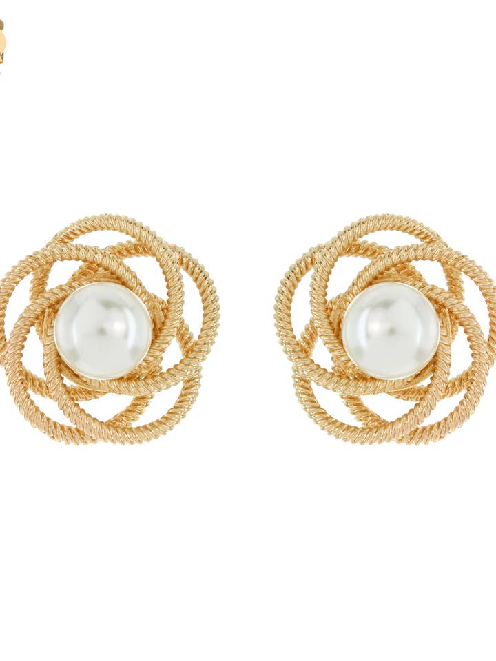 Antique Floral Metal Rope Knot w/ Pearl Clip-On Earrings for wholesale by SP Sophia Collection