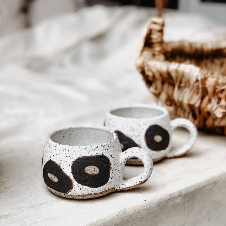 River Ceramics - Wholesale Coffee mug - 'Hana' Short Mug - Handmade Cup with Black Flower Motif0