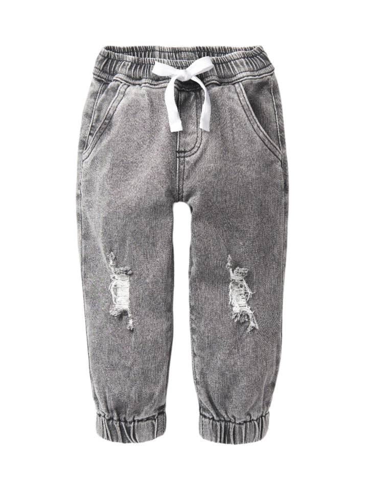 Relaxed Distressed Denim Jogger - Grey for wholesale by Little Bipsy