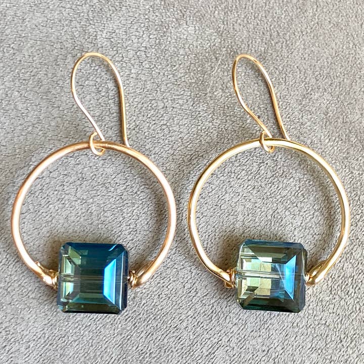 Marble Designs Jewelry - Wholesale Hoop Earrings - Gold Earrings Blue Crystal Drop Hoop Crescent Earrings