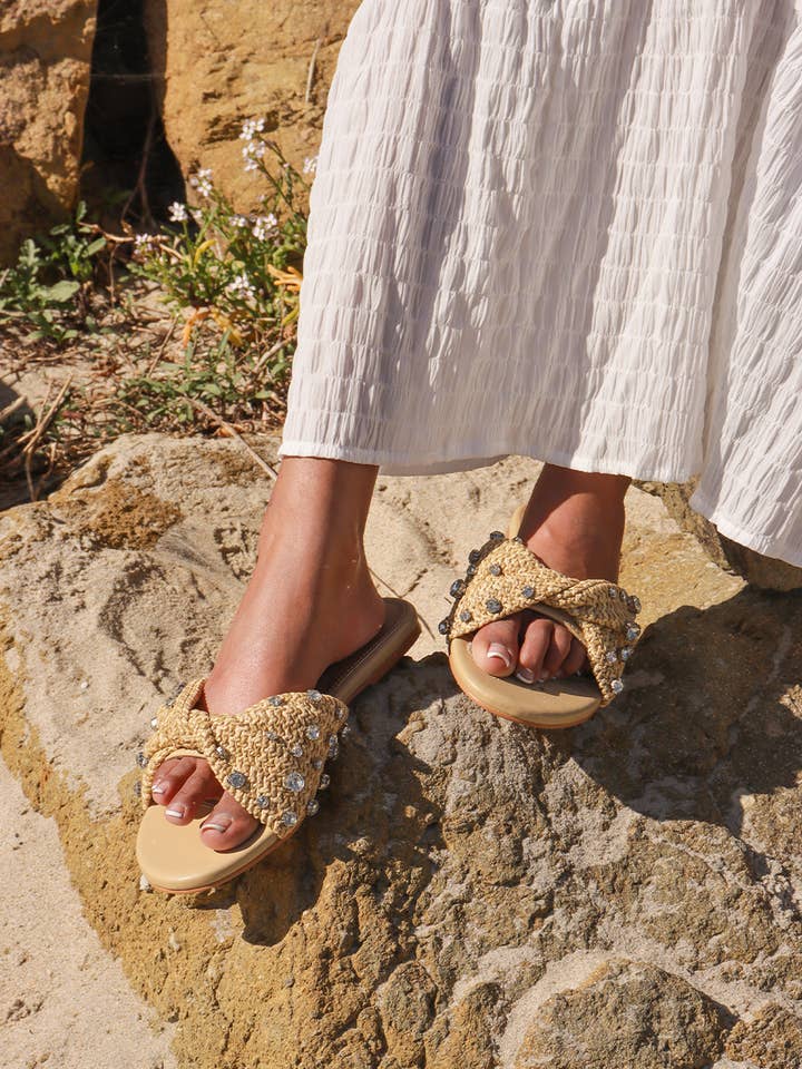 Lemonade Shoes - Wholesale Sandals - Women's - MAYLEEN - Raffia Beaded Slide Sandals, Mediterranean Style