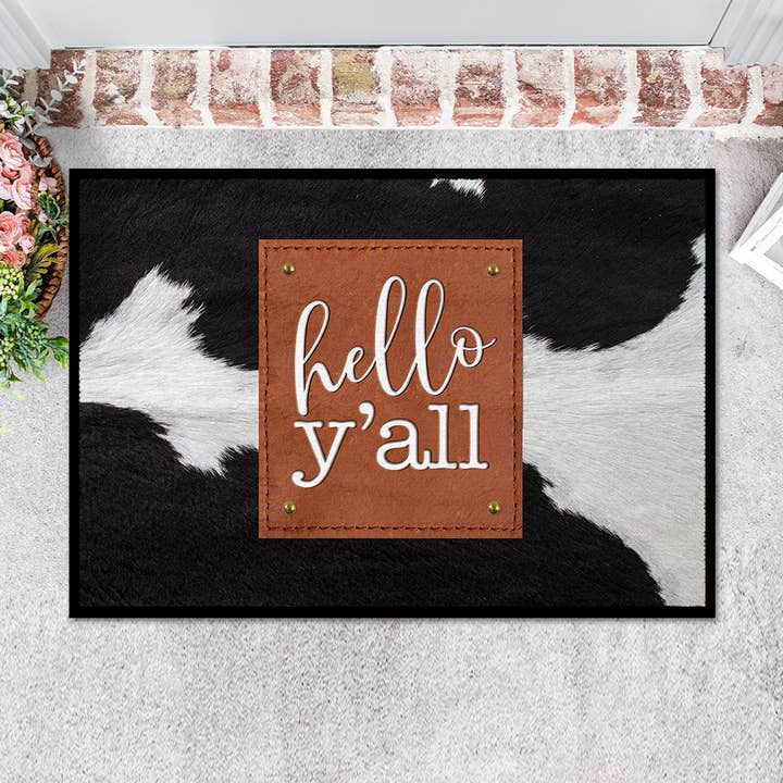 Doormat, hello y'all cowboy cowhide for wholesale by Boutique Monogram