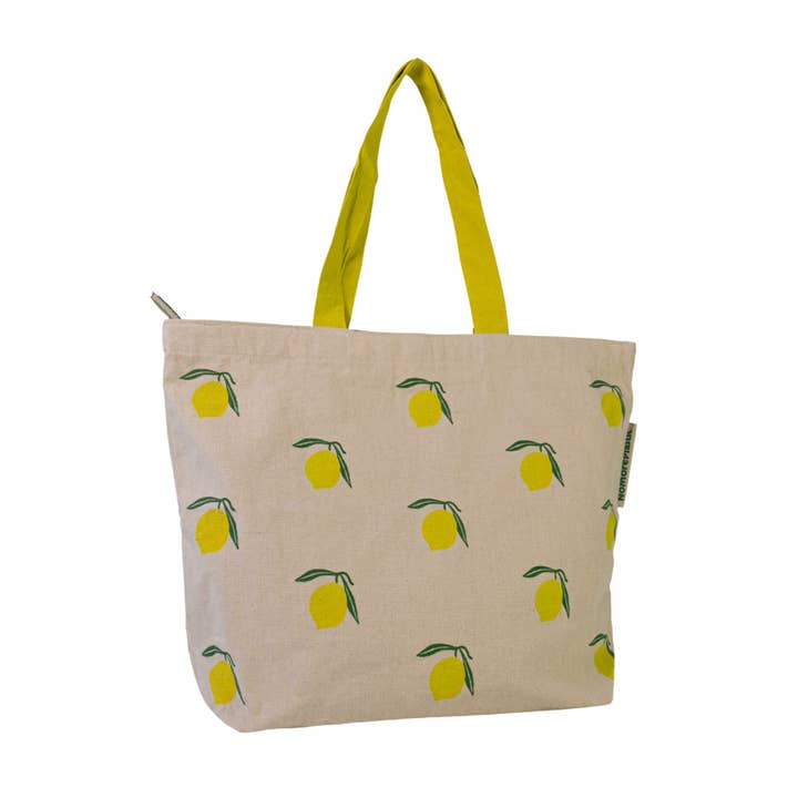 Sustainable Shopper Lovely Lemons. Made from recycled bed linen for wholesale by NoMorePlastic