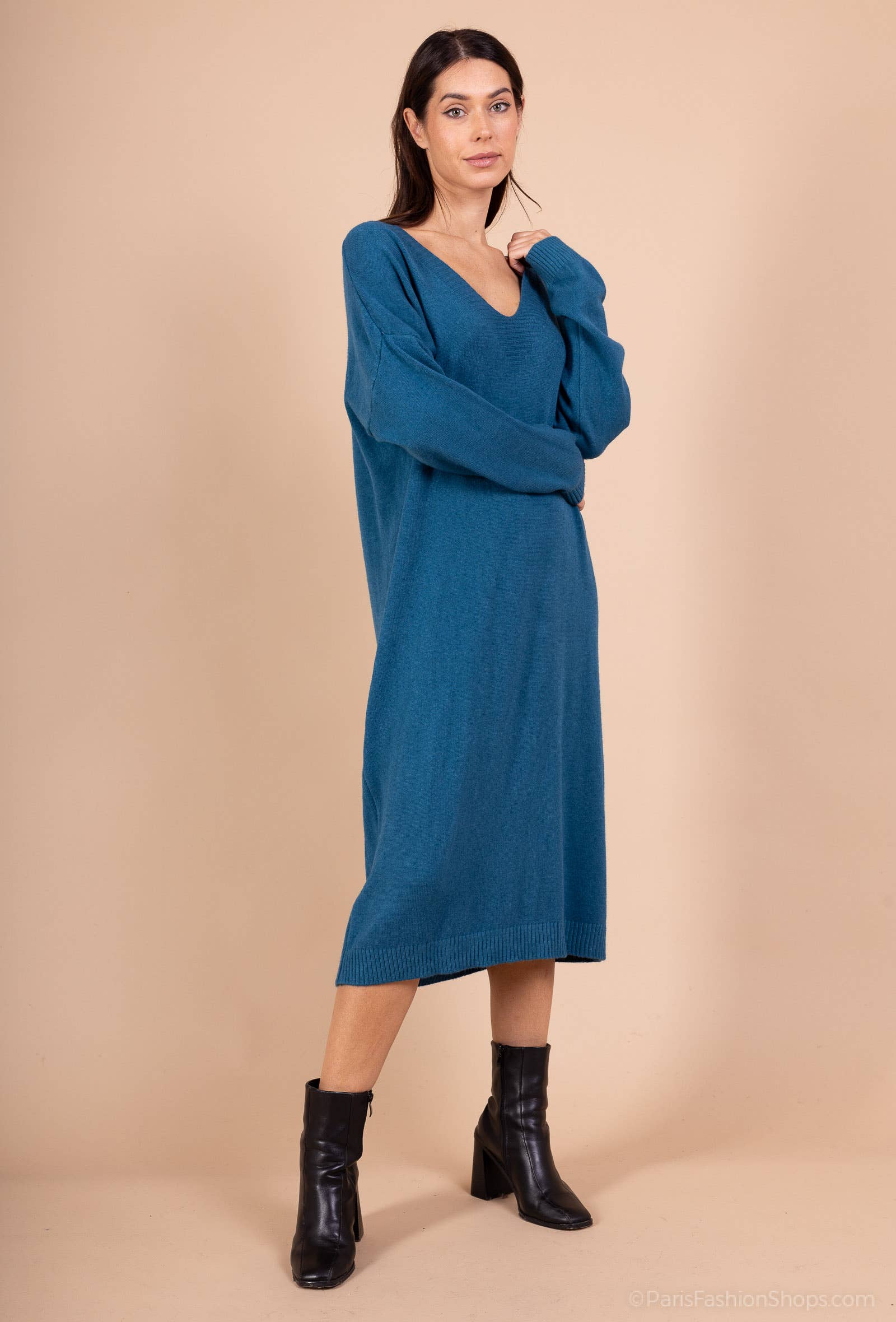 L'Emotion - Vente Robe – femme - Robe Pull Maille Fine Bord-Côtes Côtelé Col V11