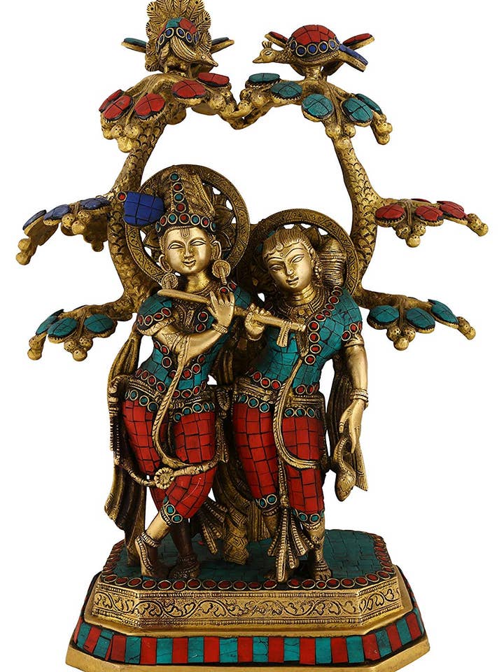 Statue en laiton du Seigneur Krishna et Radha | Idole artisanale pour la vente par Exotic India Art