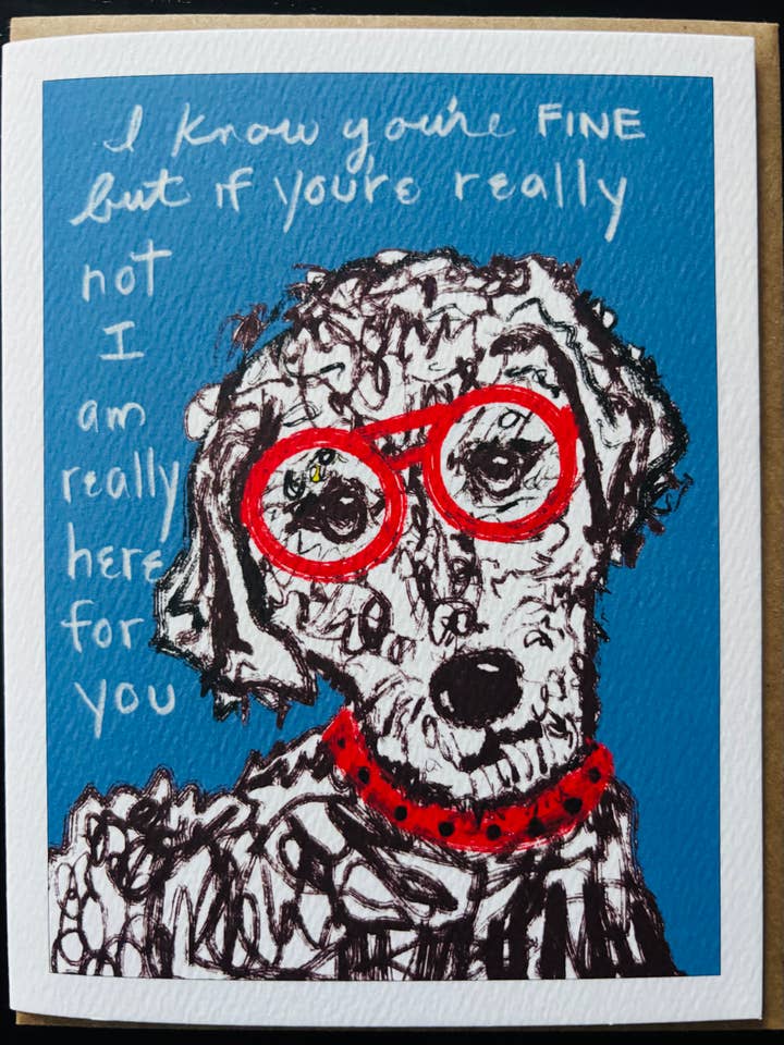 Here For You vivid black white dog red glasses greeting card for wholesale by Bernie Street Studios