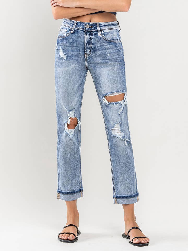 HIGH RISE PAINT SPLATTER CUFFED BOYFRIEND JEANS V2787 for wholesale by VERVET by FLYING MONKEY