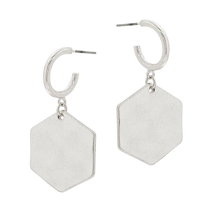 Worn Silver Hexagon Hoop 1.75" Earring for wholesale by What's Hot
