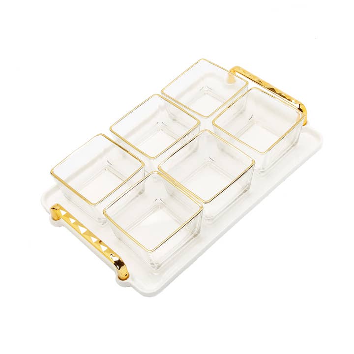 CLASSIC TOUCH DECOR INC. – wholesale Serveringsfat – 6 guld trimmad glasskål på serveringsfat vit bricka - 13,5 ”L