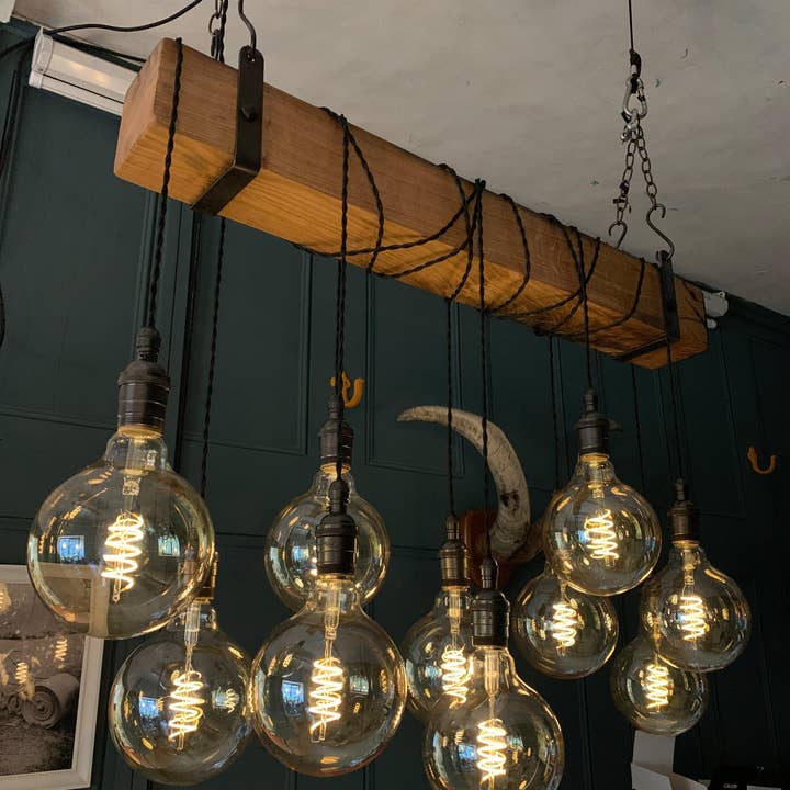 MooBoo Home – wholesale Chandelier/hanging light – Rustic Oak Beam Chandelier with Wrapped Cables and Steel Brackets3