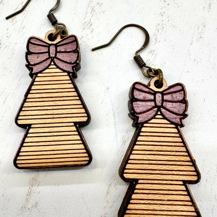 Purple Bow Striped Christmas Tree Handmade Earrings for wholesale by The Poppy Peach, LLC.