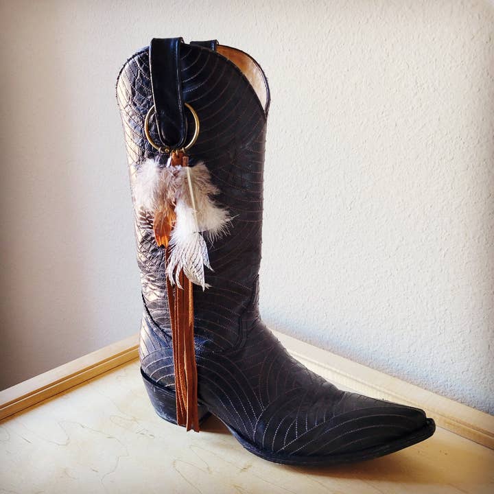 The Jewelry Junkie - Wholesale Shoe Jewelry - Women's - Boho Western Boot Bling Charm with Leather Fringe Cognac 500e4