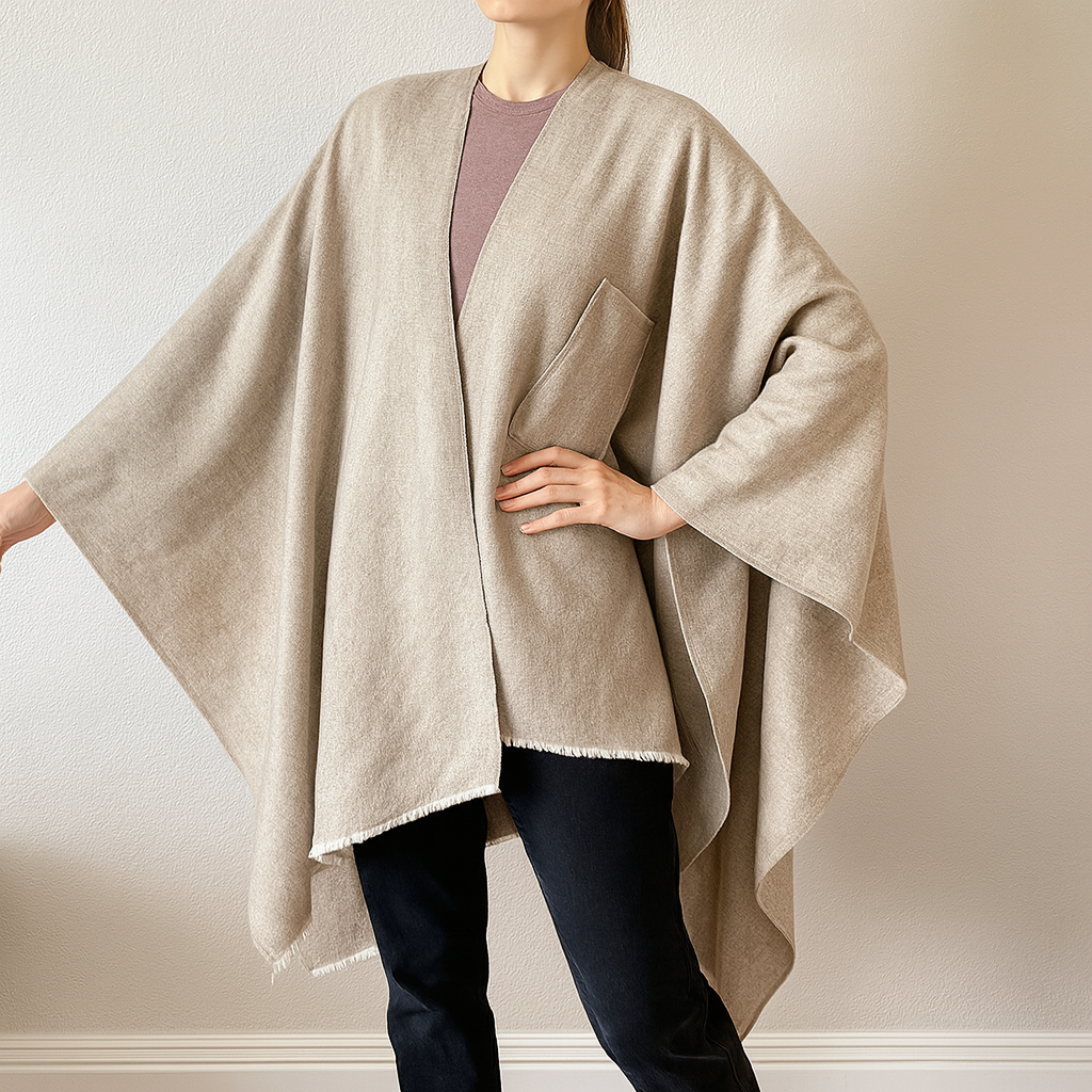 Fennco Styles - Wholesale Poncho - Women's - Beige Fringe Poncho Warm Open Front Shawl Cape 1