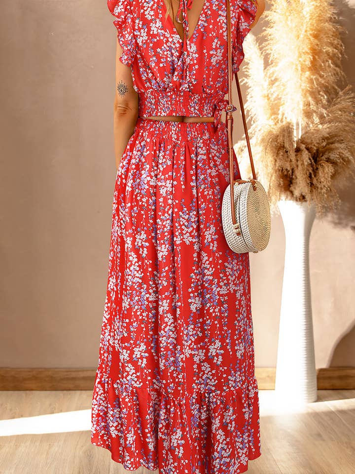 FULL TIME PURCHASE - Wholesale Top & Skirt Set - Women's - Floral Ruffled Crop Top and Maxi Skirt Set