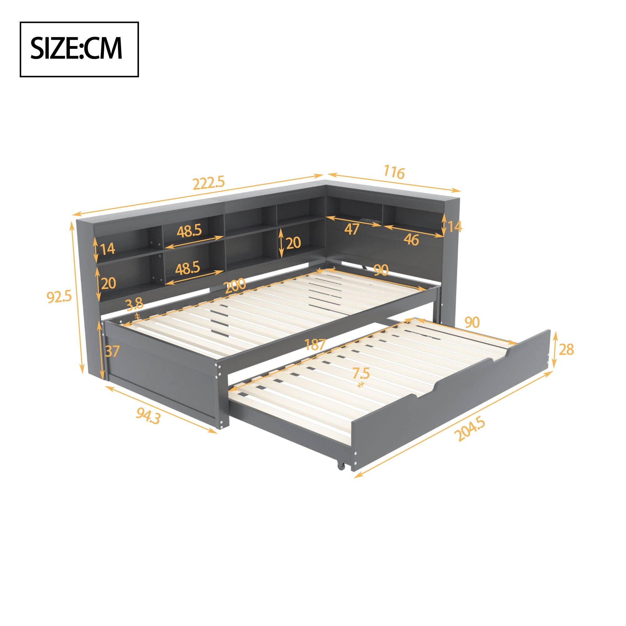 Urban Meuble - Wholesale Bed - Solid wood trundle bed gray 90*200 with USB port and multiple storage GIRCAET4