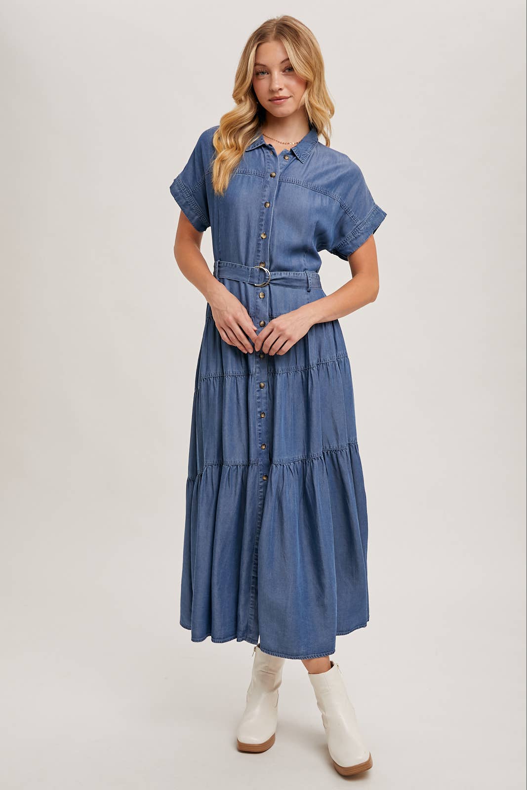 Bluivy - Wholesale Dress - Women's - BUTTON FRONT SHORT SLEEVED TIERED MAXI DENIM DRESS3