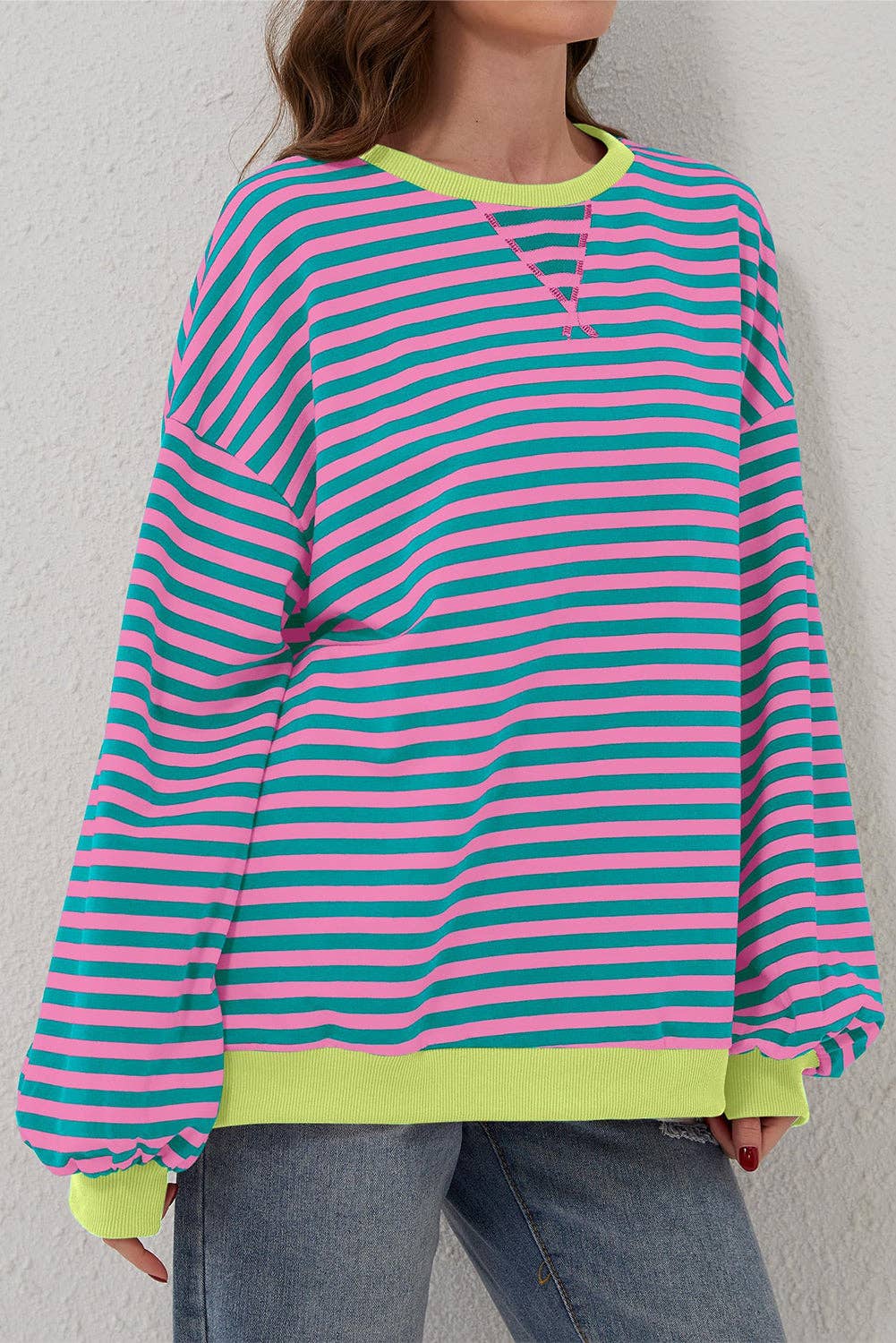 Green Stripe Oversized Colorblock Striped Pullover Sweatshirt for Women for wholesale on Faire8