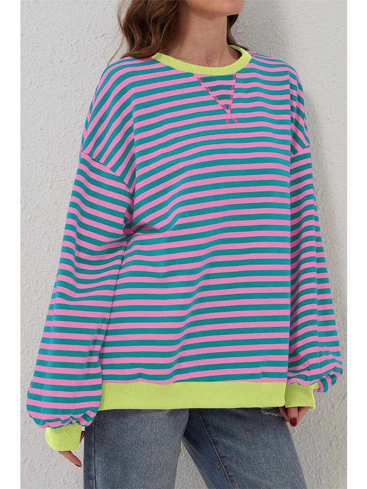 Amaryllis Apparel - Wholesale Sweatshirt - Women's - Stripe Oversized Contrast Trim Pullover Sweatshirt40