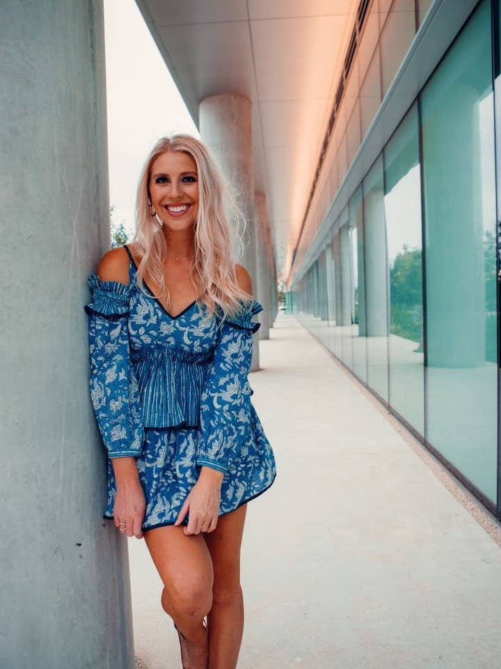 Natural Indigo Peplum Dress | V-Neck & Elasticized Details for wholesale by Origin Pink