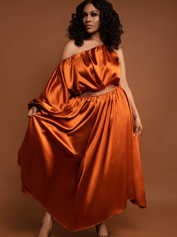 Nina Cheyenne Apparel - Wholesale Dress - Women's - Nina Signature Ember Satin One Shoulder Dress0