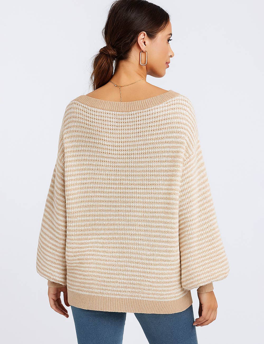 Sweetkama - Wholesale Knit Sweater - Women's - Ladies Striped Pullover Round Neck Lantern Sleeves Knit Sweater11