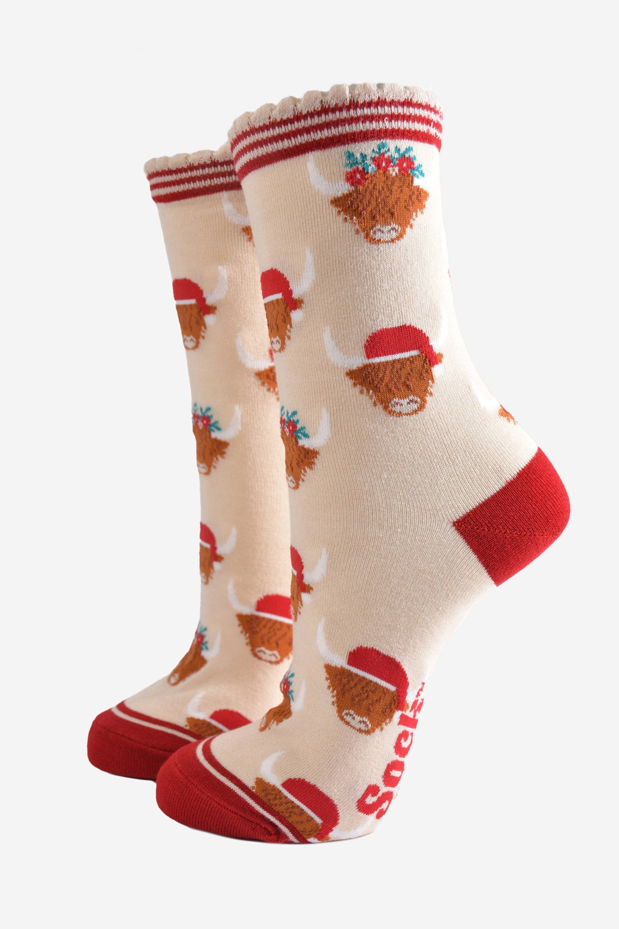 Sock Talk - Wholesale Socks – Women's - Women's Bamboo Socks - Cream/Red, Christmas Highland Cow