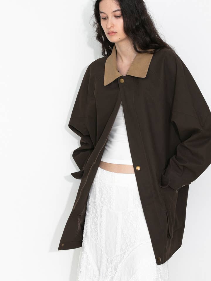 Brown Cropped Faux Suede Jacket with Contrast Collar for wholesale on Faire1