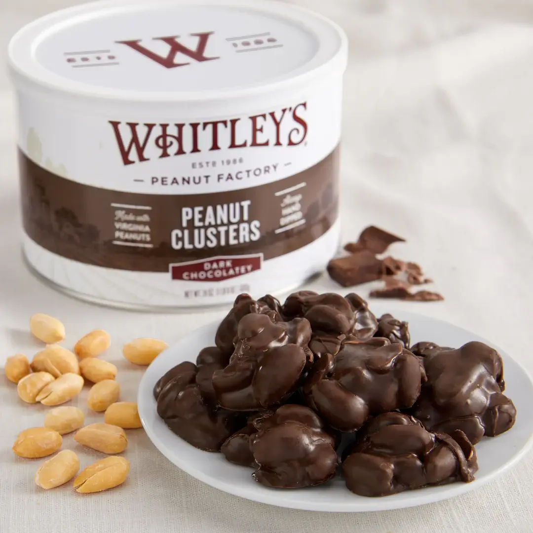 Whitley's Peanut Factory - Wholesale Chocolate Covered Sweets - 10 oz. Tins Dark Chocolatey Covered Peanut Clusters1