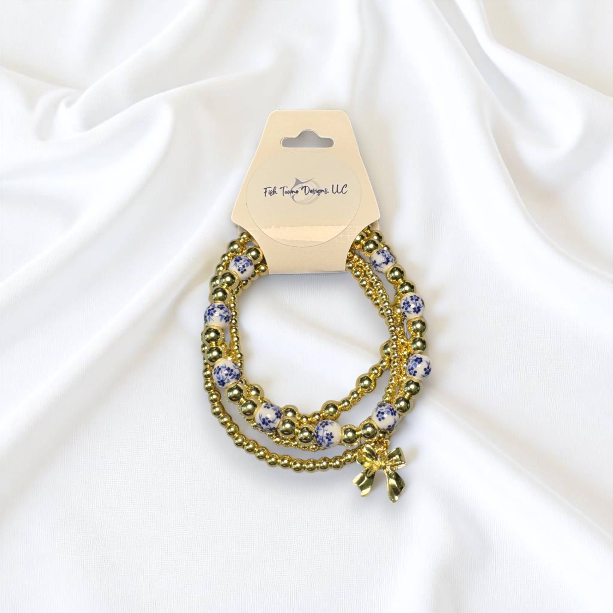 Fish Towne Designs, LLC - Wholesale Jewelry Set - Gold and Chinoiserie Beaded Bracelet Stack9