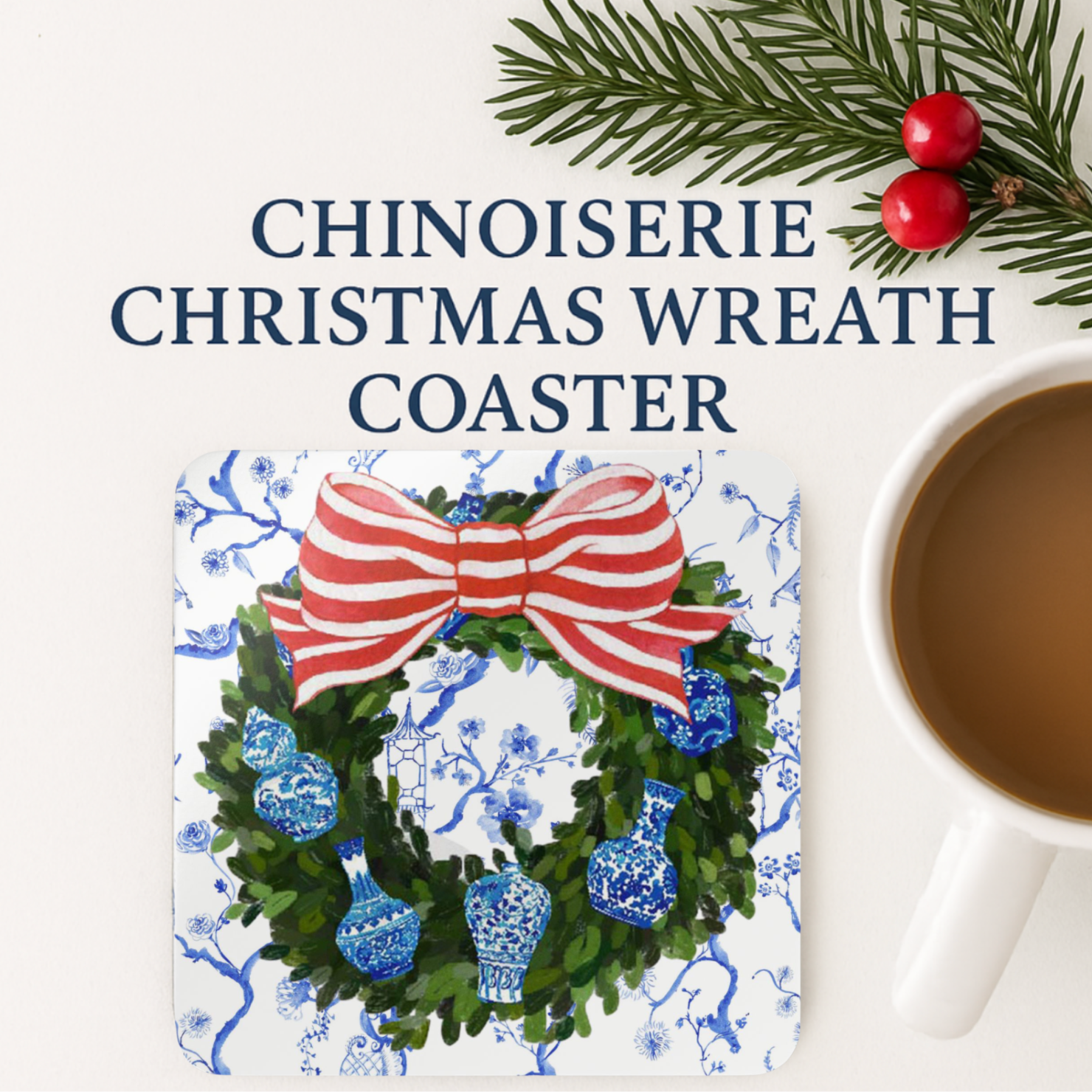 Design Carolinas - Wholesale Disposable Coasters - Chinoiserie Ginger Jar Christmas Wreath Paper Coaster Set2