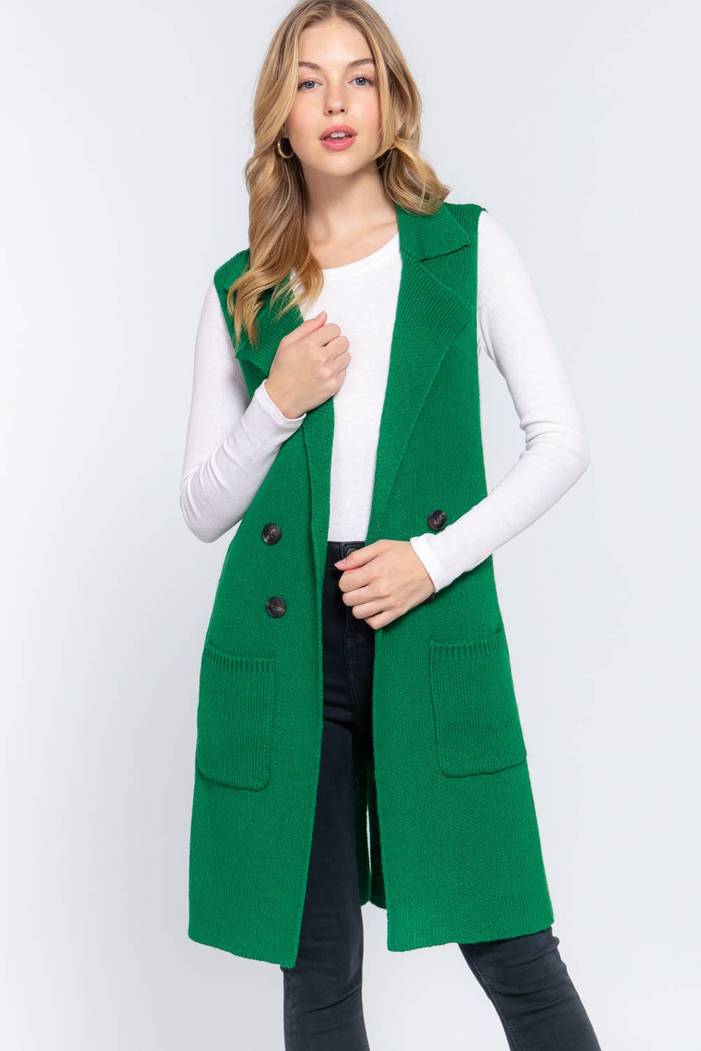 Active Basic | Active USA - Wholesale Outerwear Vest - Women's - Sleeveless Notched Collar Long Sweater Vest35