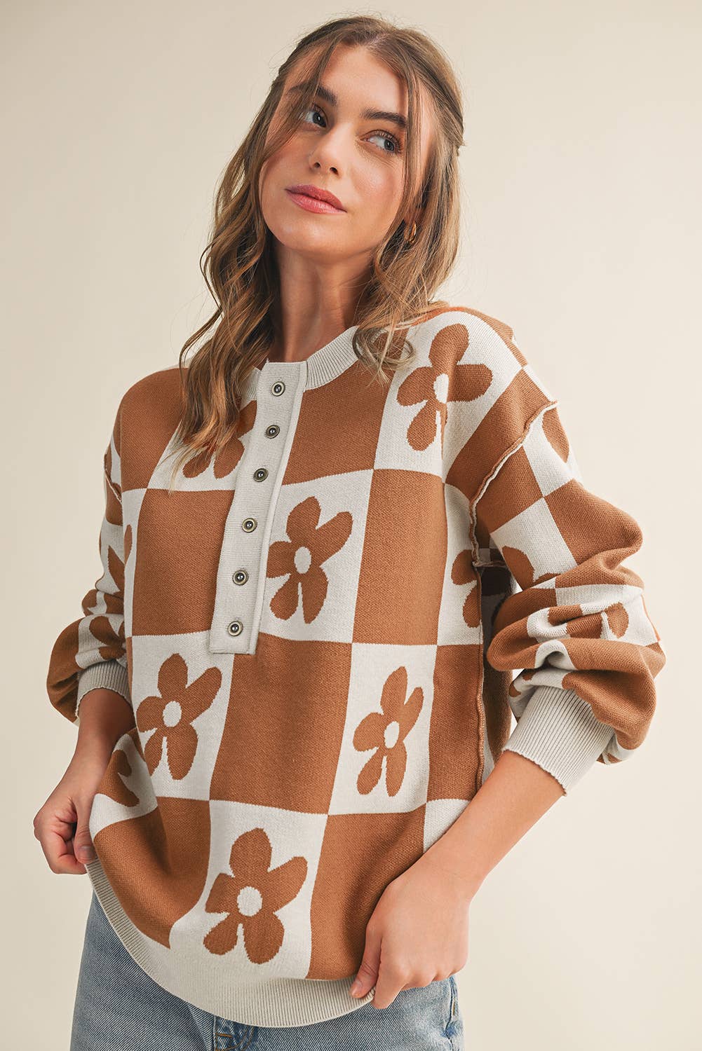 Aapparella - Vente Pull en maille – femme - Cardigan à boutons avec blocs de couleur à carreaux et fleurs | S-XL14