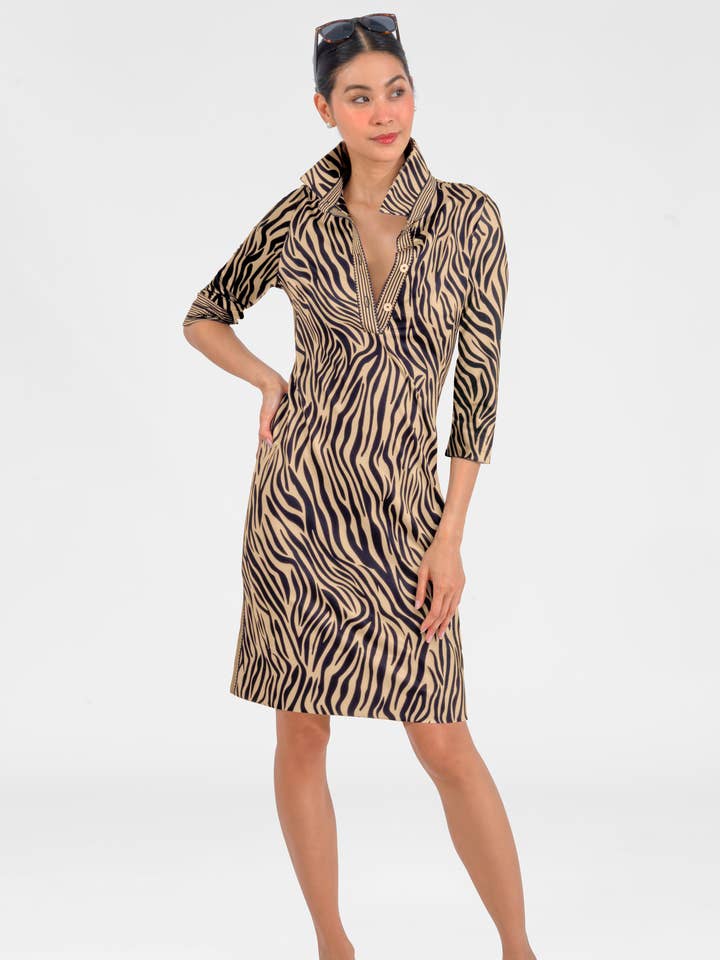 Zebra Khaki Everywhere Dress - Animal Instincts for wholesale on Faire3