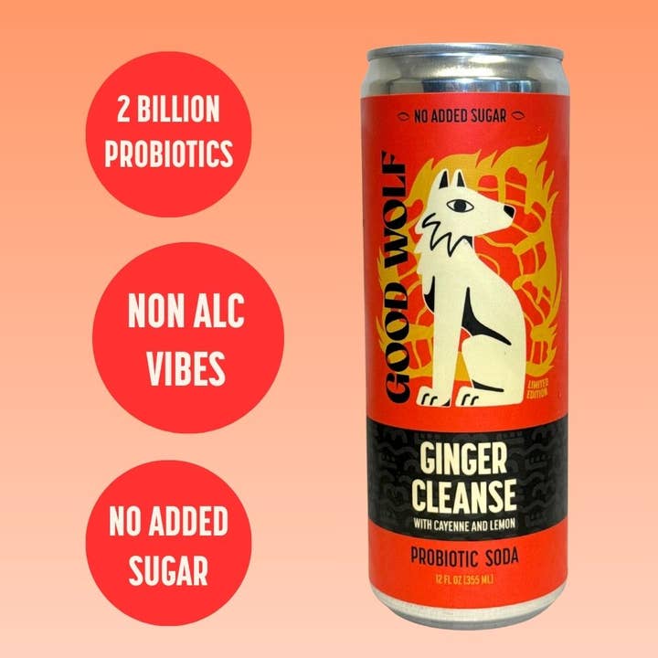 Ginger Cleanse Probiotic Soda - No Added Sugar - 12oz for wholesale by Good Wolf Beverages