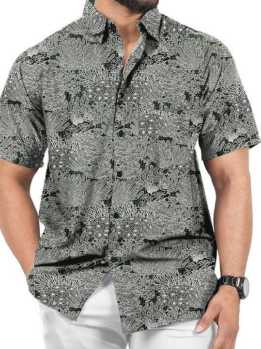 HAPPY BAY Linen Effect Mens Shirts Black Water Plants P00408 for wholesale by LA LEELA \ HAPPY BAY