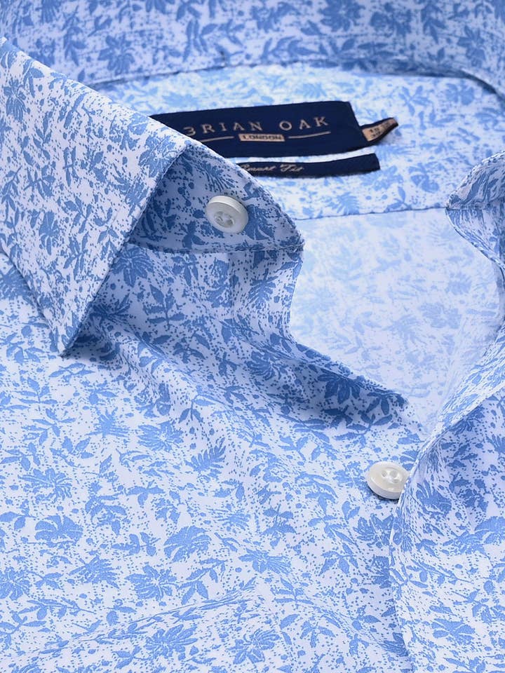White and Sky Blue Botanical Print Formal Shirt for wholesale by Brian Oak Limited