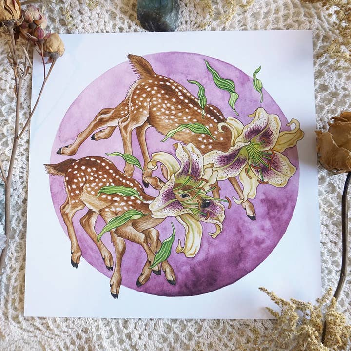 A Dance of Rebirth- surreal art print of fawns for wholesale by Strangely Rose