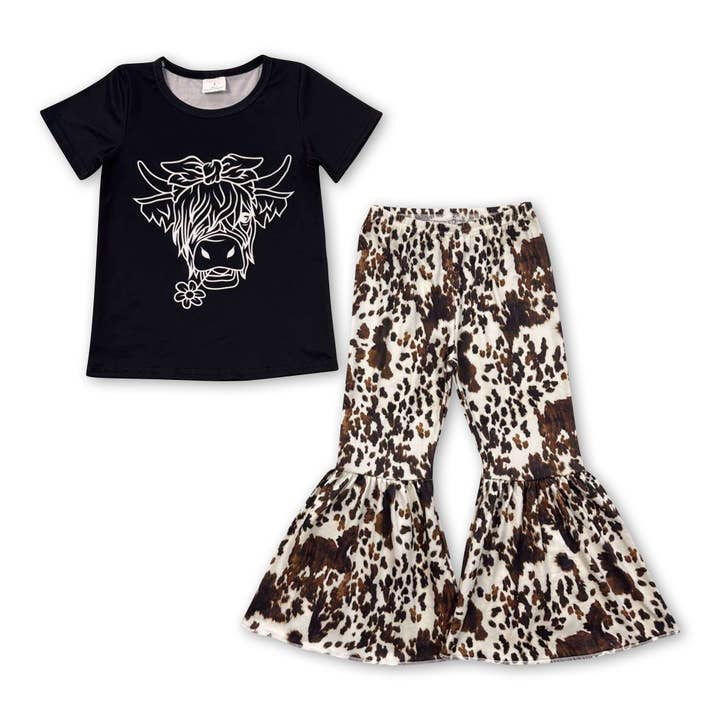 Yawoo Garments - Wholesale Top & Pant Set - Kids - Highland cow top bell bottom pants girls clothes