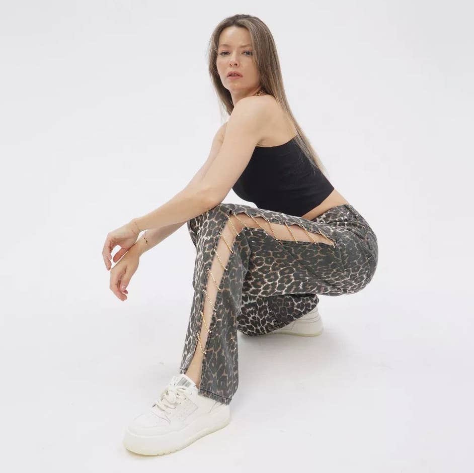 Luipaard Jeans met luipaardprint voor dames, losse, lage taille, zijsplit, casual voor groothandel op Faire3