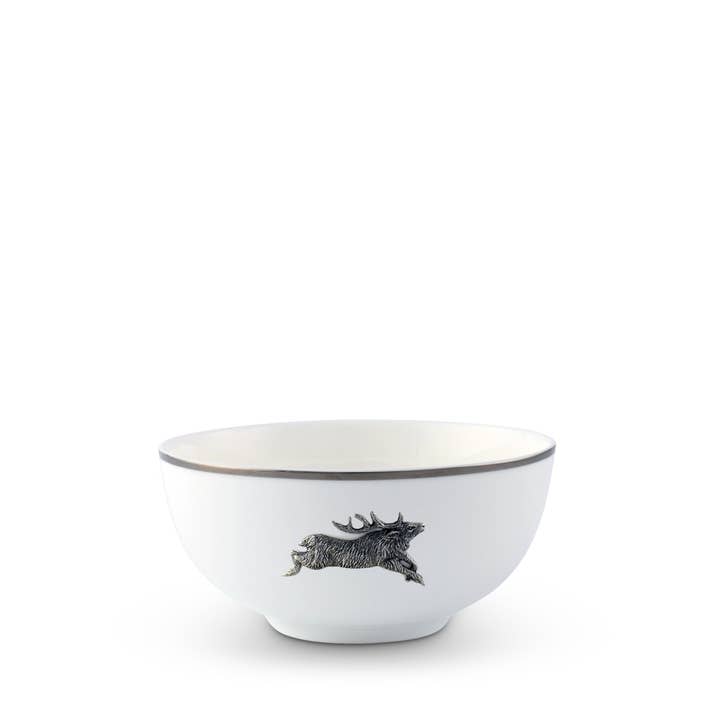 Running Elk Cereal Bowl Bone China Platinum Rim for wholesale by Vagabond House