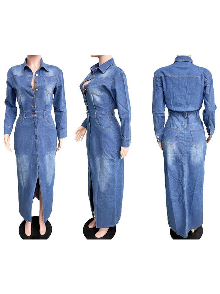 Blue long sleeved denim trench coat cardigan denim cape dress for wholesale on Faire