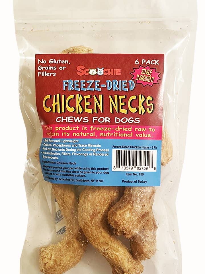 6 Pack Freeze Dried Chicken Necks in zip lock bag with UPC for wholesale by Scoochie Pet Products