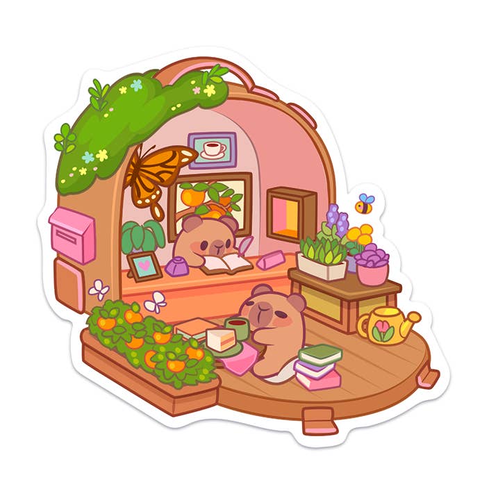 Capybara Cozy Home Waterproof Vinyl Sticker for wholesale by Meowashi Studio