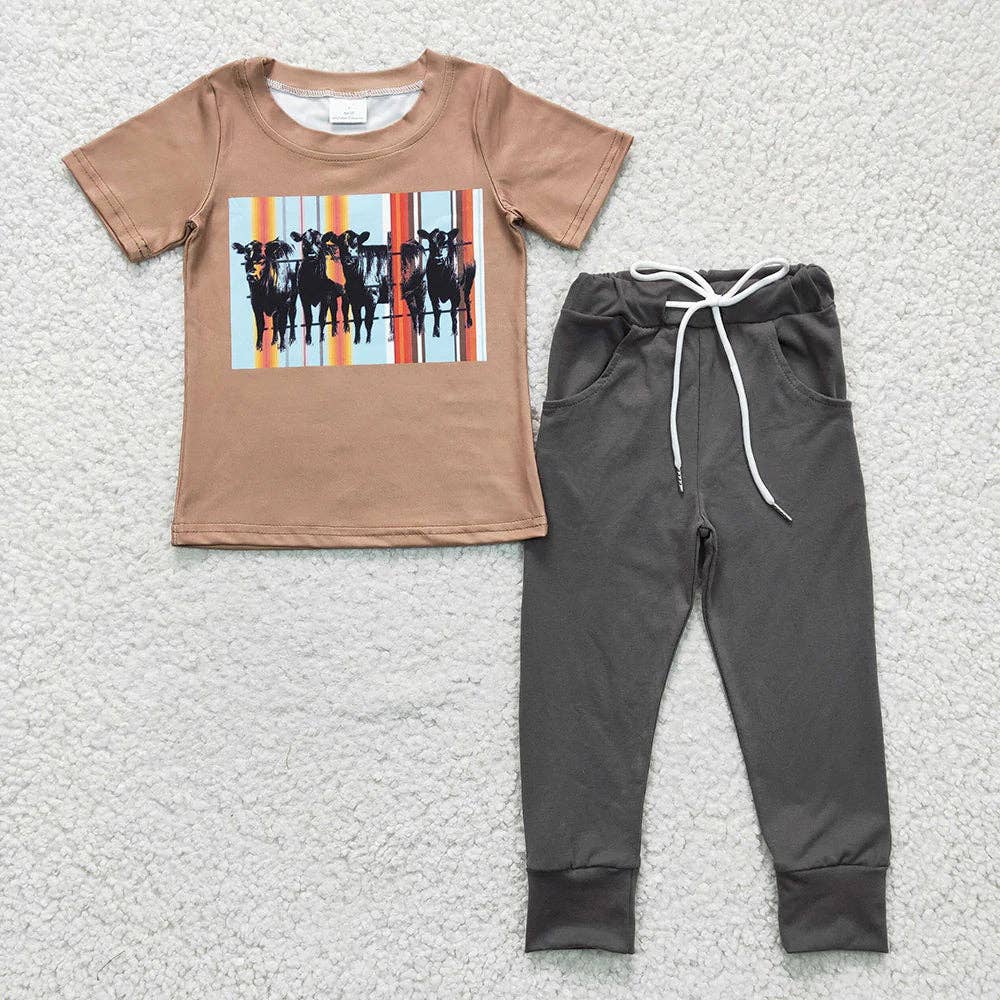 Aier Wholesale - Wholesale Top & Pant Set - Kids - Baby Boys western Cows Tops Pants clothes sets0