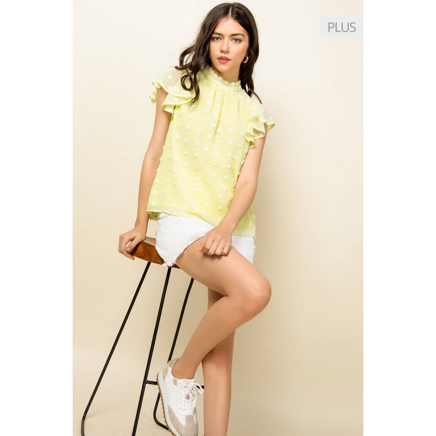 YELLOW /Size XL/ Romantic Pom Dot Top Featuring Draped Flutter Slee for wholesale on Faire0